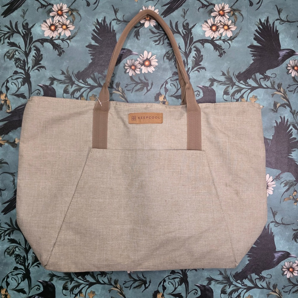 Keepcool Insulated Tote Bag Extra Large Tan Heathered Zip Top Picnic Grocery Bag